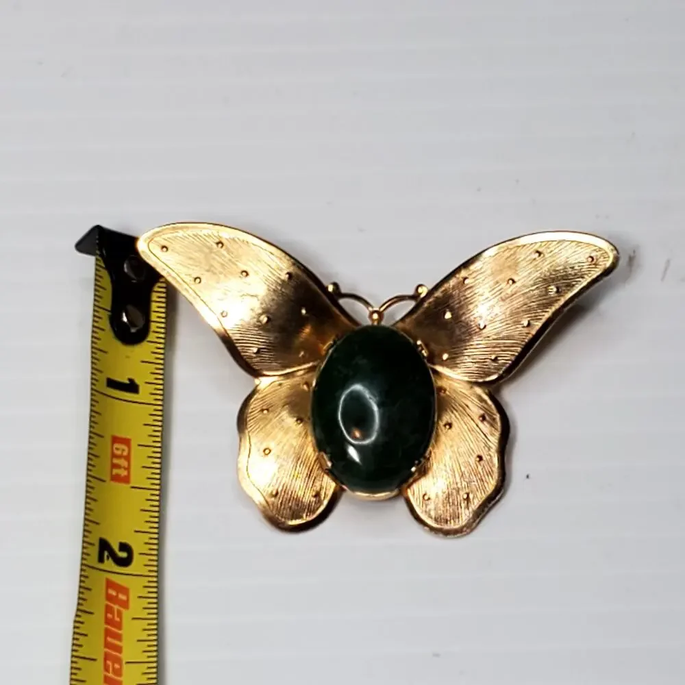 Vtg Green Agate Butterfly Insect Gold Tone Wings Brooch Pin 1.5